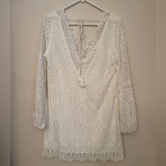 Mustard Seed White Lace Boho Mini Dress Long Sleeve V-Neck Size Medium NWT - Picture 3 of 6